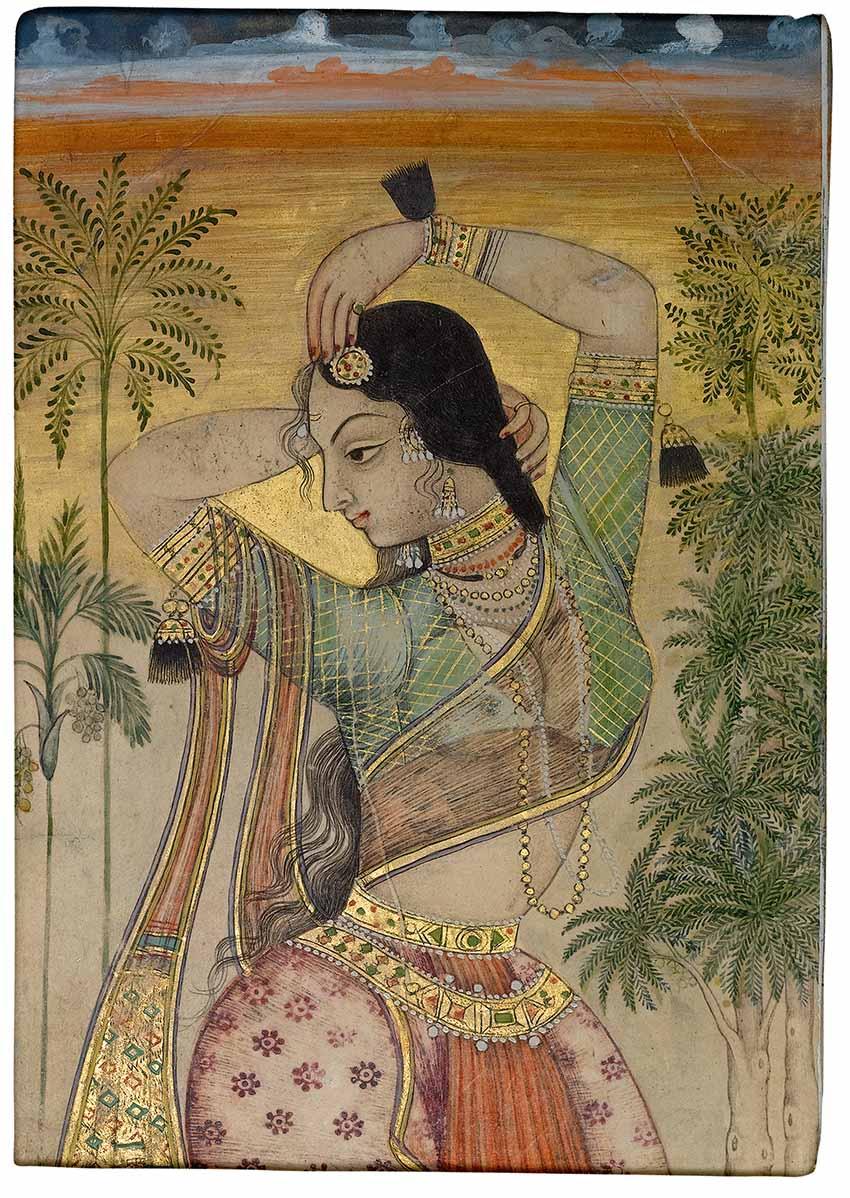 A Deccani miniature of a dancing girl tying her hair, Golconda, about 1700