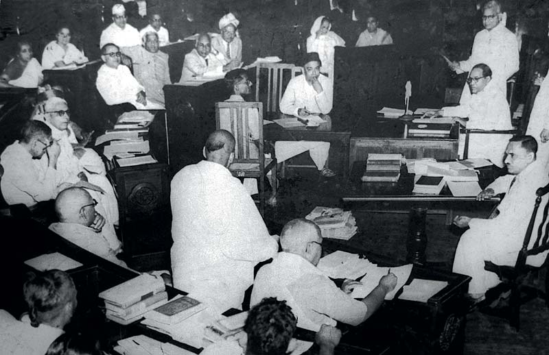 A meeting of the Constituent Assembly of India in 1950, with B. R. Ambedkar seated top right