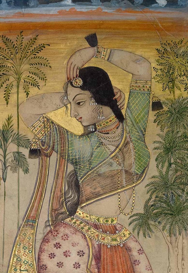 A Deccani miniature of a dancing girl tying her hair, Golconda, about 1700