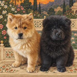 Khaleesi and Bose, two chow chow puppies, red and black, painted as a Deccani miniature